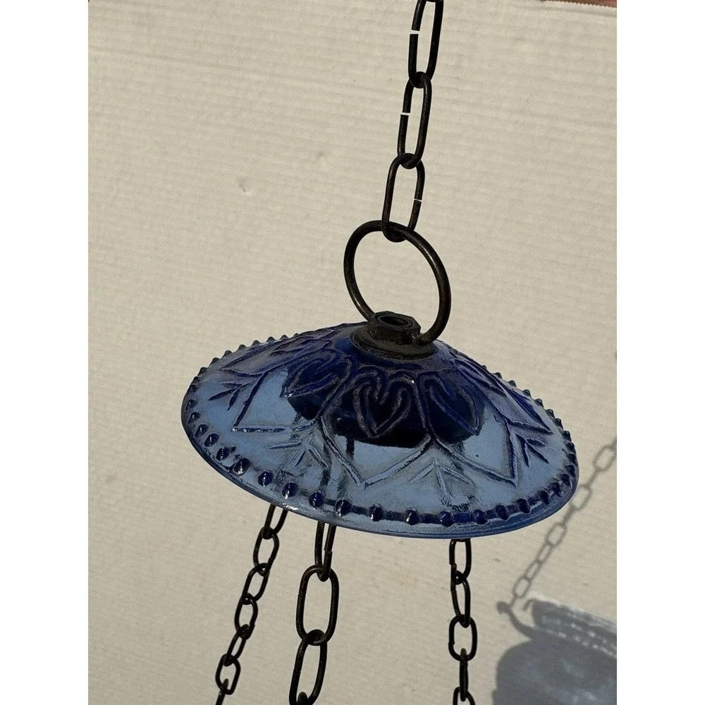 Antique hanging Blue Glass Bell Jar Candle Lantern ~ Pendant Bell